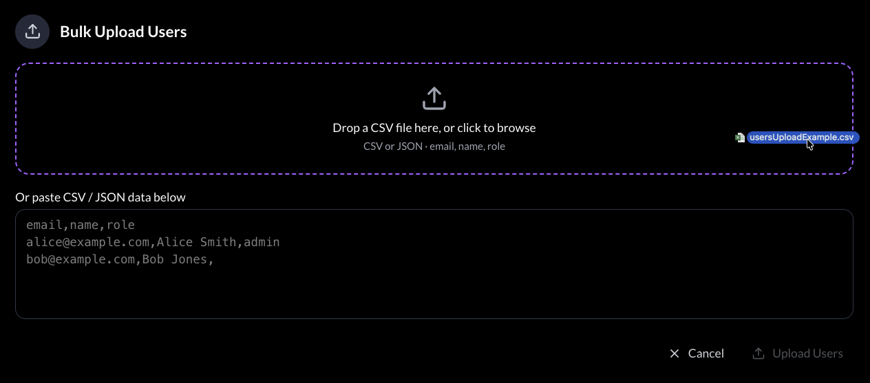 Bulk drag and drop users file upload
