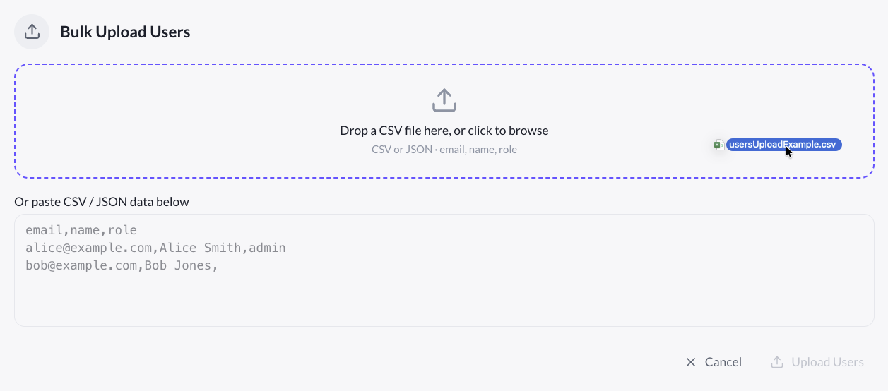 Bulk drag and drop users file upload