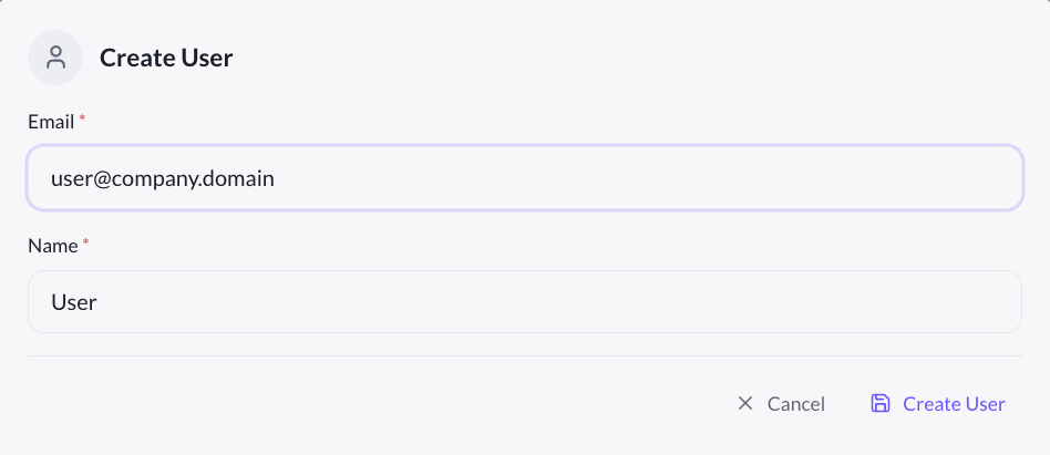 Create user dialog with email and name fields