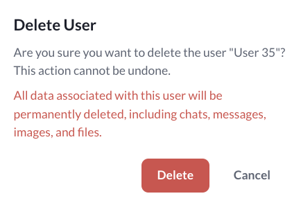 Delete user confirmation modal showing a warning that this action cannot be undone