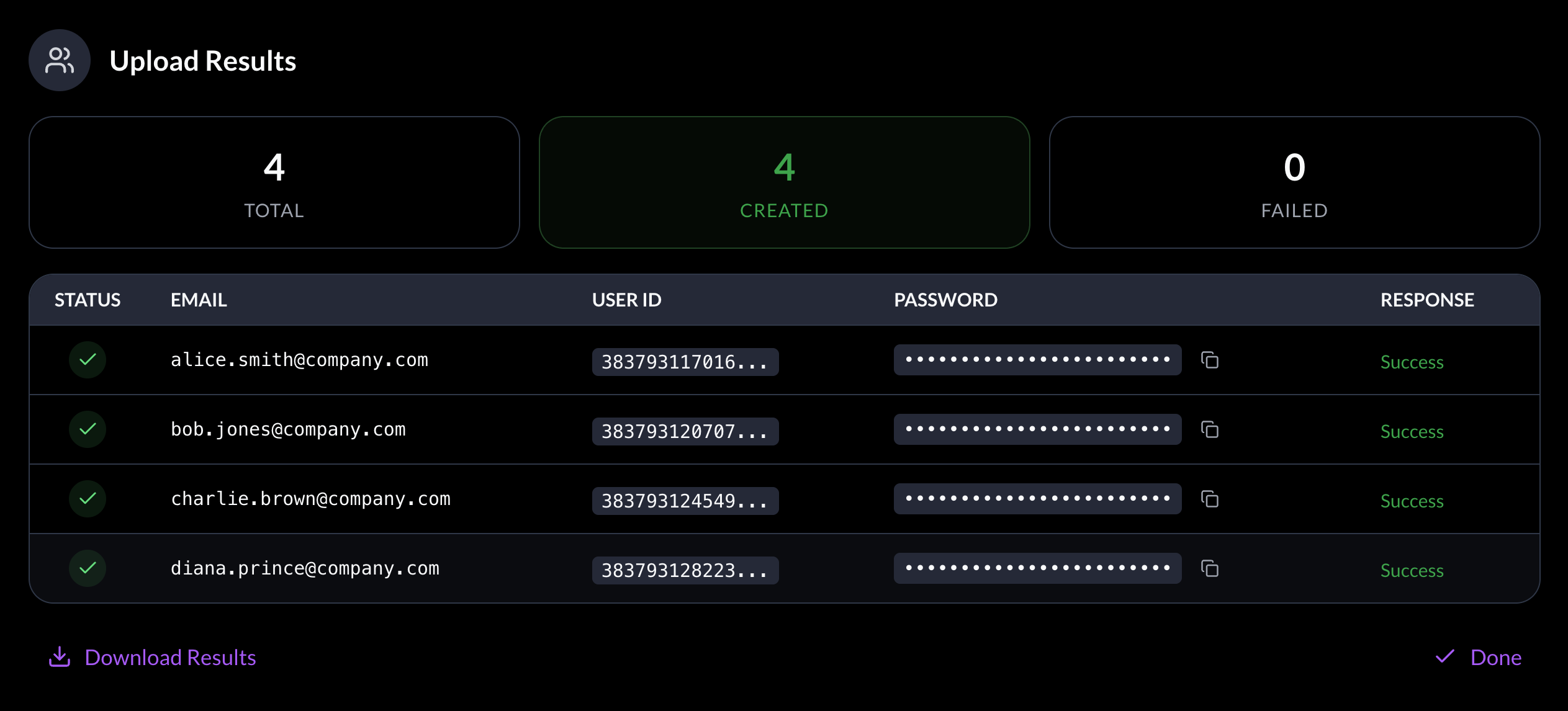 Success confirmation showing added users with generated passwords