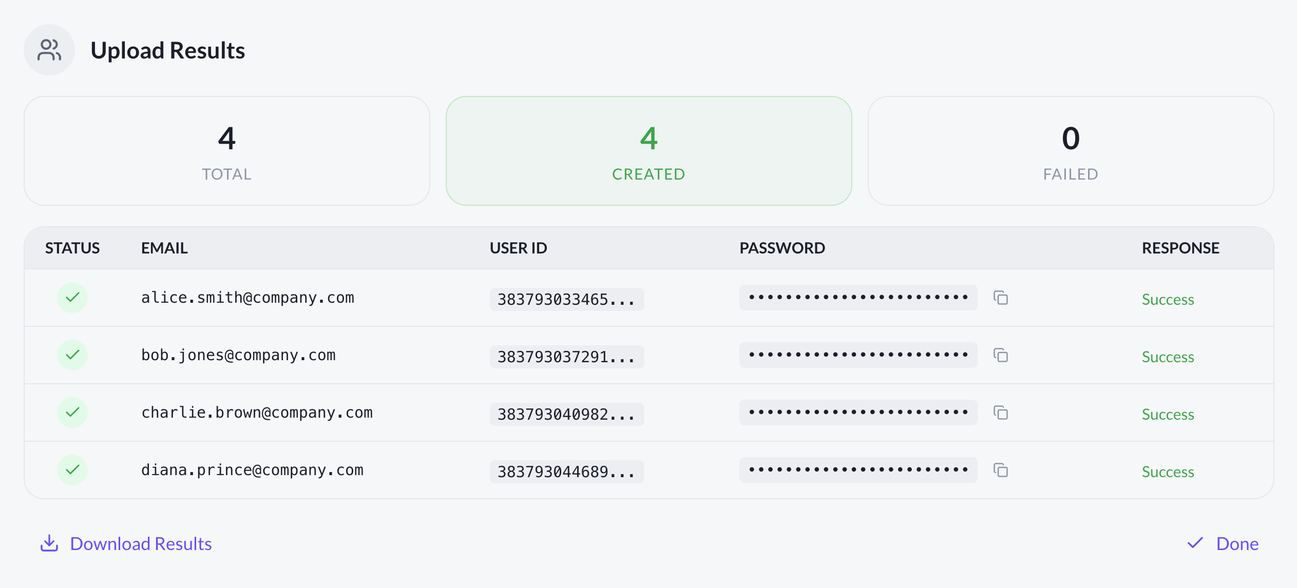 Success confirmation showing added users with generated passwords